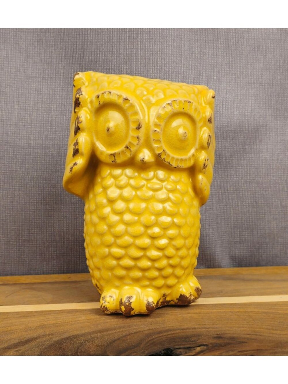 Vintage Yellow Ceramic Owl Figurine 6 In Tall Textured Glazed Decor